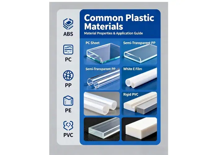 Common engineering plastic materials used for CNC machining and plastic prototype manufacturing, including ABS, PC, PP, PE and PVC.