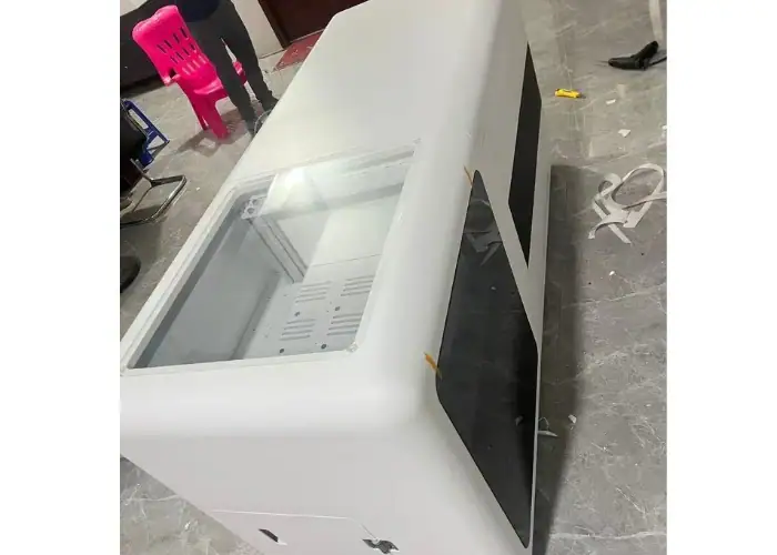 Medical device housing prototype with transparent viewing window, manufactured for design verification, functional testing, and rapid prototype development.