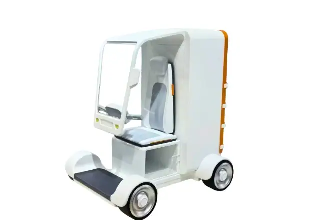 Mobile robot plastic prototype for movement and assembly evaluation.