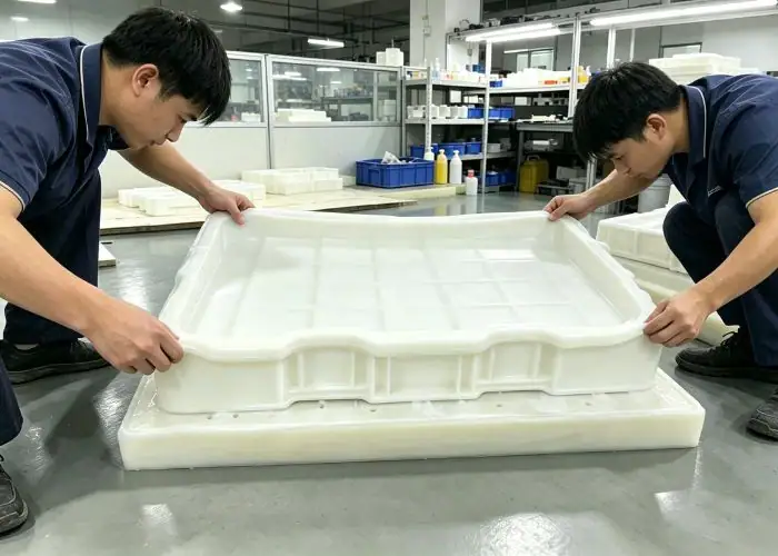 Removing a plastic prototype from a vacuum casting silicone mold.