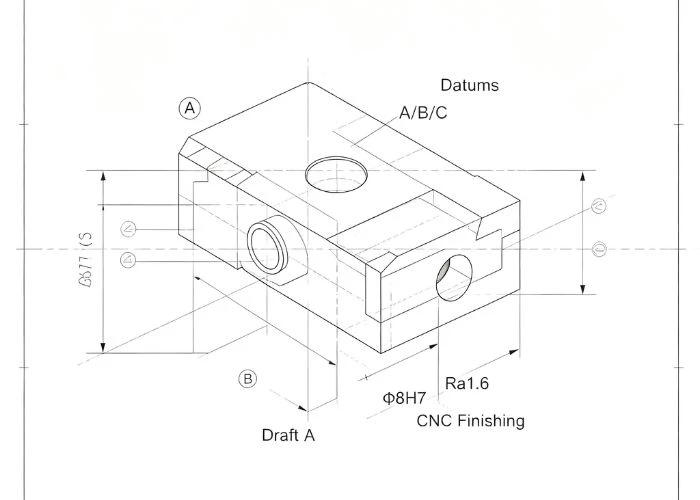 Datum references on a GD&T drawing for a plastic part.