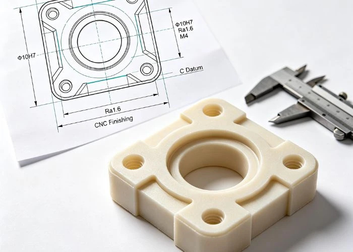 GD&T datum inspection of a machined plastic prototype part.