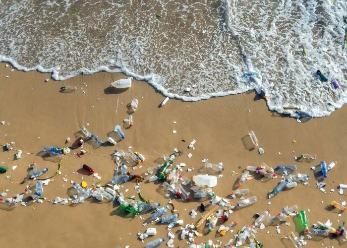 massive piles of mixed plastic garbage floating on ocean surface, severe marine plastic pollution scene harming sea creatures