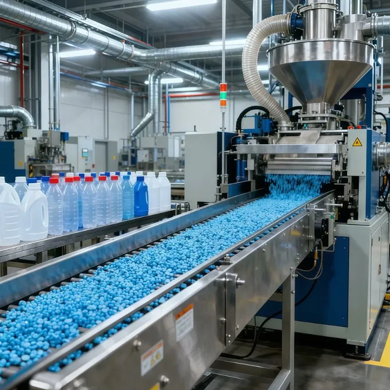 Industrial plastic extrusion production line, blue plastic pellets manufacturing process on conveyor belt, plastic mass production workshop