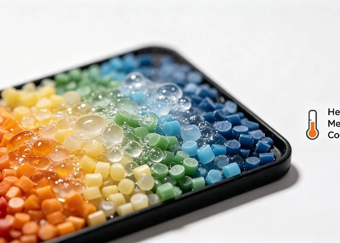 Plastic materials compared by melting point and heat resistance.