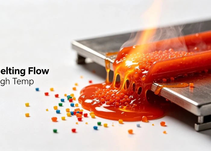 Plastic material melting and flowing under high temperature.