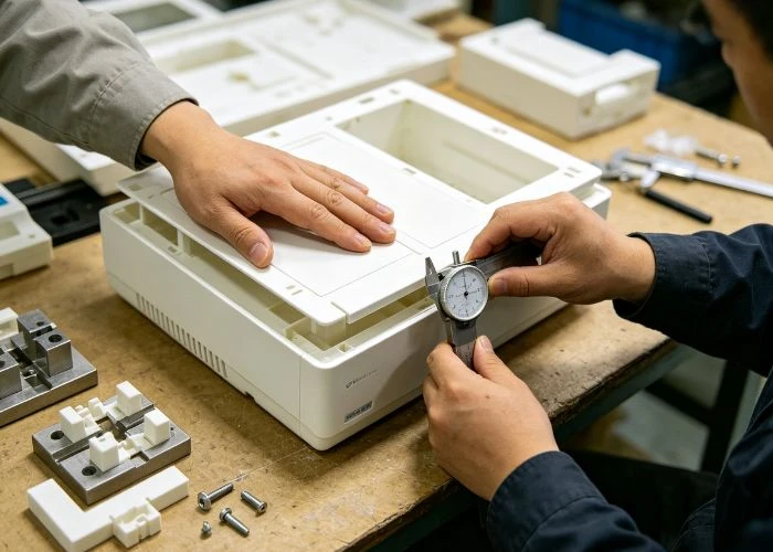 Checking part fit during plastic prototype assembly.
