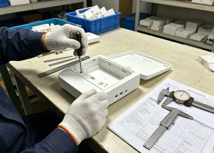 Inspecting dimensions and tolerances of plastic prototype parts.
