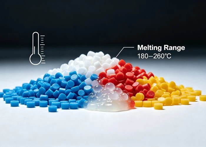 what temp does plastic melt?Plastic materials showing different melting point temperature ranges.